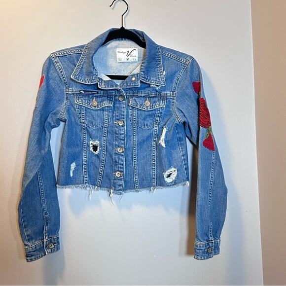 Guns N Roses denim jacket up cycle crop embroidered roses distressed raw hem - Picture 8 of 10